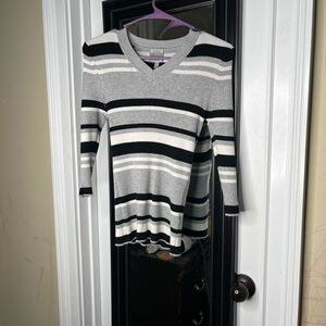 Striped V-Neck Sweater - Black, White, Gray